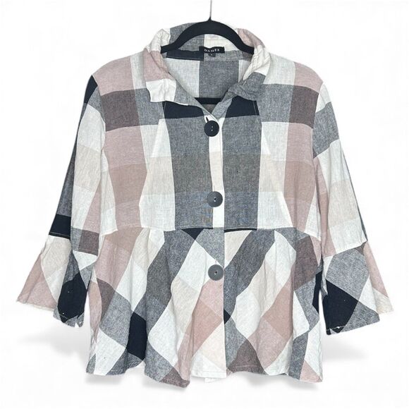 Women's Multi-Color Plaid 3/4 Length Sleeve Farmhouse Flowy Peplum Shirt - Picture 1 of 11